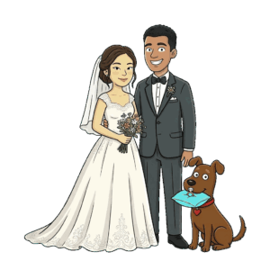 bride and groom with their dog being handled by smoochies chaperone service for events and weddings