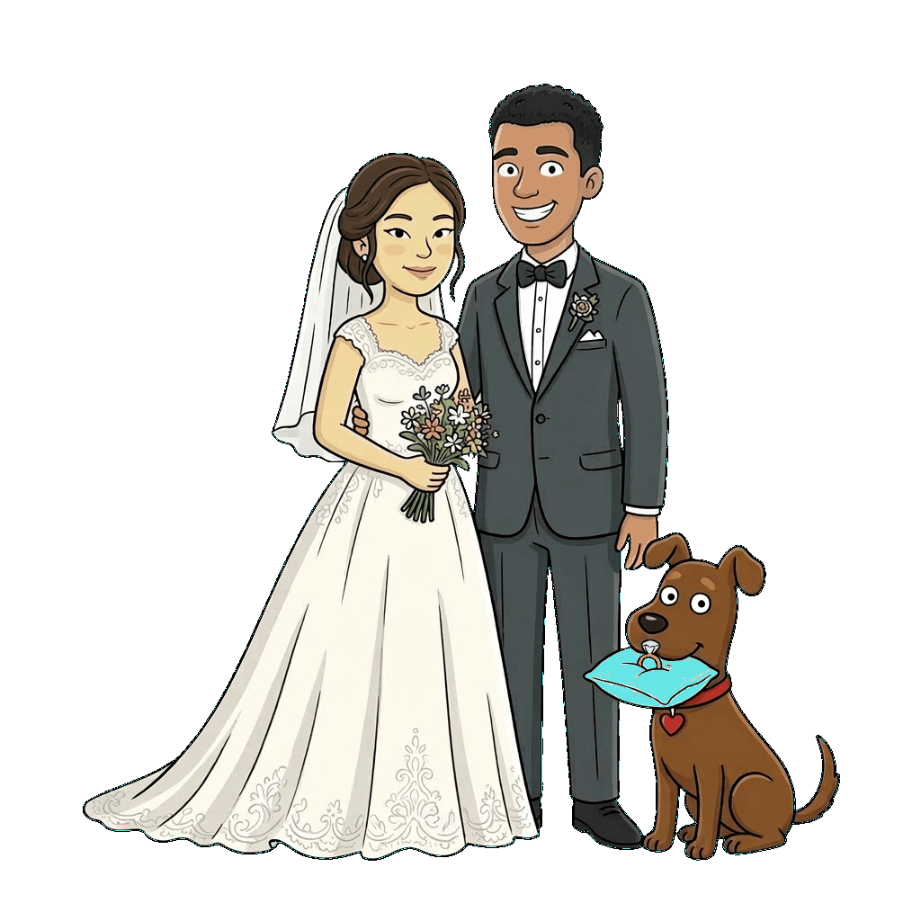 bride and groom with their dog being handled by smoochies chaperone service for events and weddings