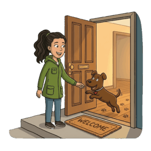 smoochies house sitter opening door to take care of pets and a happy dog jumping to greet her