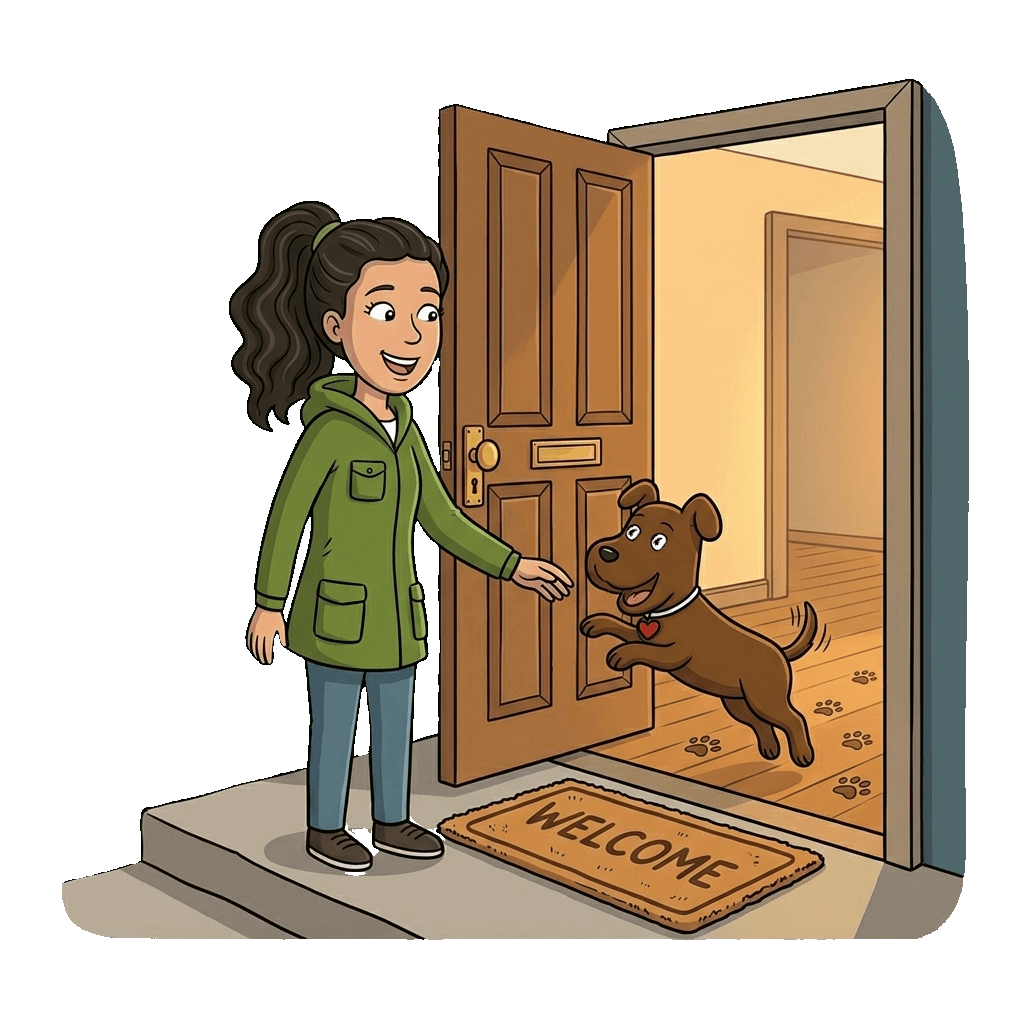 smoochies house sitter opening door to take care of pets and a happy dog jumping to greet her