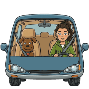 Woman driving dog to veterinarian appointment in smoochies pet chauffeur and dog taxi vehicle