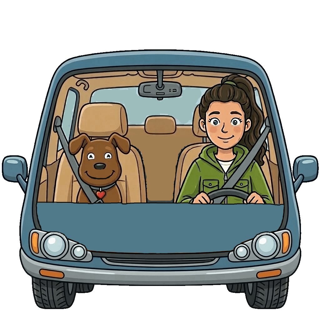 Woman driving dog to veterinarian appointment in smoochies pet chauffeur and dog taxi vehicle